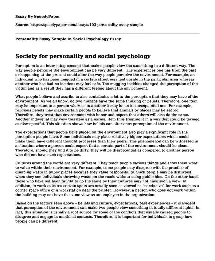 Personality Essay Sample in Social Psychology