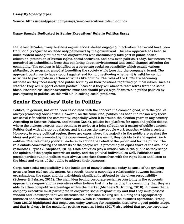Essay Sample Dedicated to Senior Executives' Role in Politics