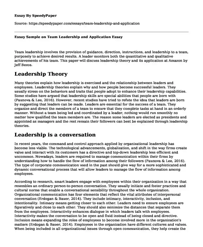 Essay Sample on Team Leadership and Application