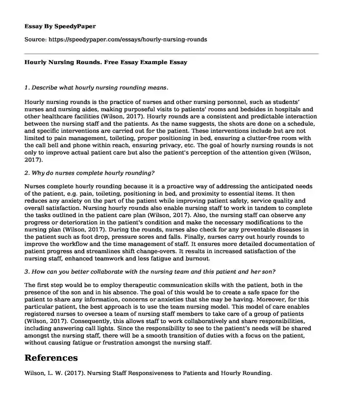 Hourly Nursing Rounds. Free Essay Example