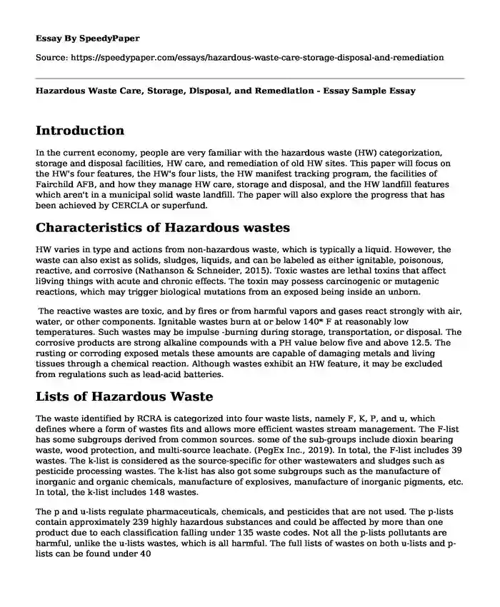 Hazardous Waste Care, Storage, Disposal, and Remediation - Essay Sample