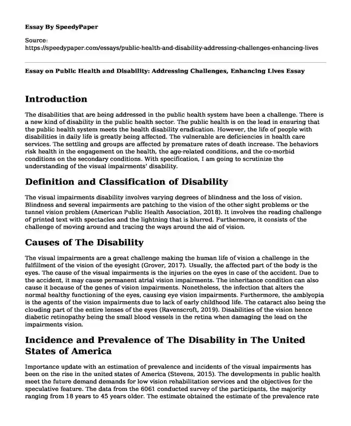 Essay on Public Health and Disability: Addressing Challenges, Enhancing Lives