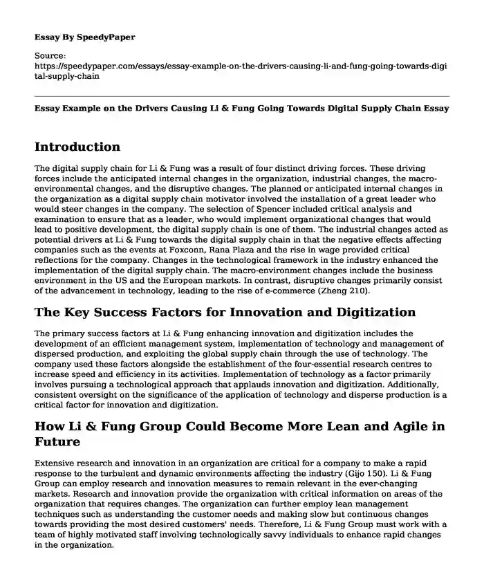 Essay Example on the Drivers Causing Li & Fung Going Towards Digital Supply Chain