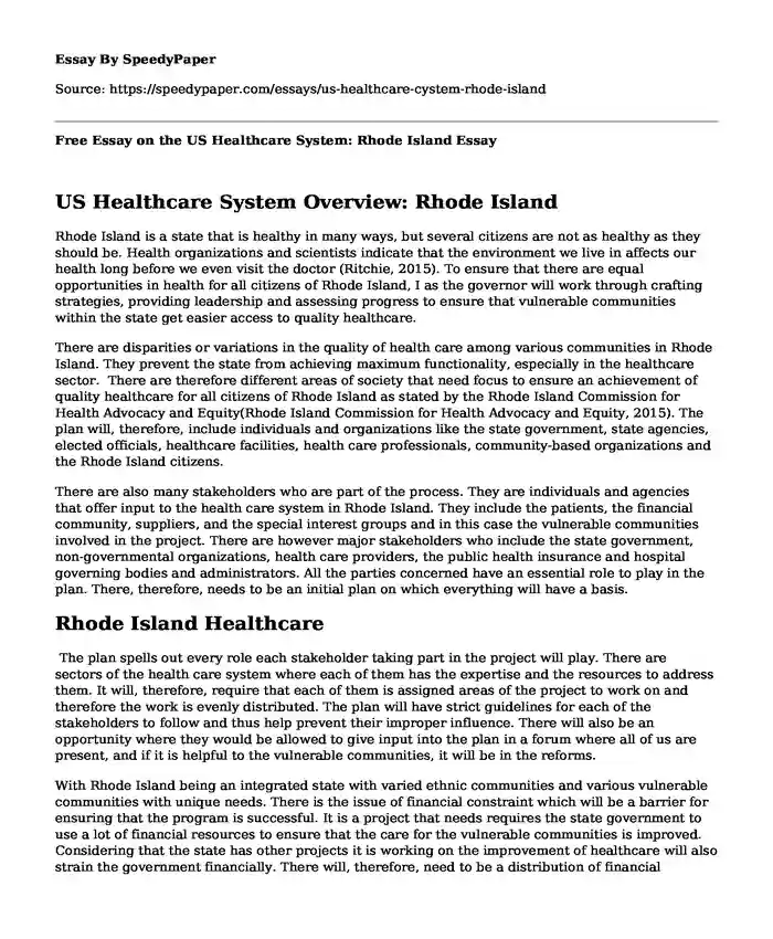 Free Essay on the US Healthcare System: Rhode Island