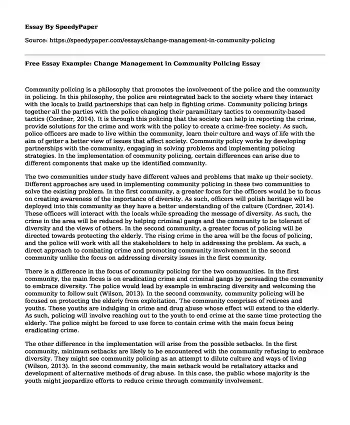 Free Essay Example: Change Management in Community Policing