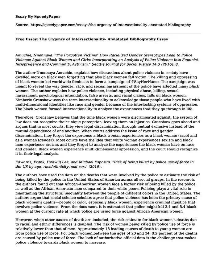 Free Essay: The Urgency of Intersectionality- Annotated Bibliography