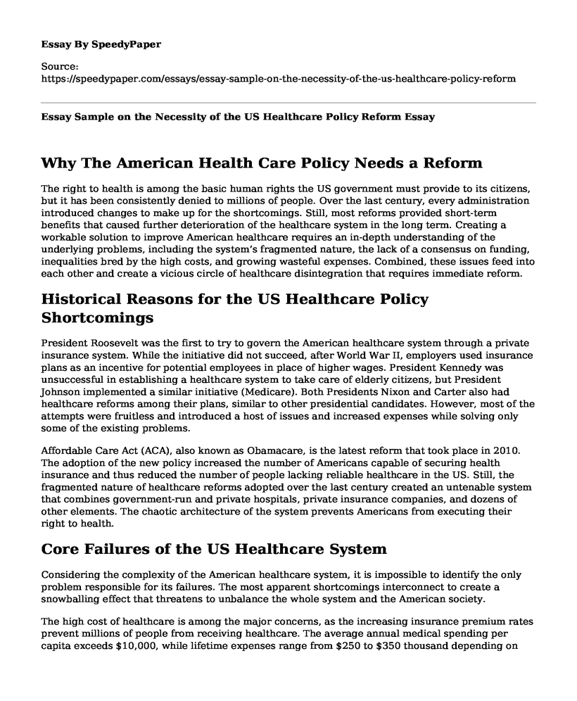 Essay Sample on the Necessity of the US Healthcare Policy Reform