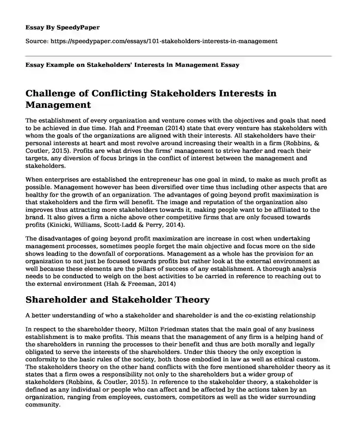 Essay Example on Stakeholders' Interests in Management