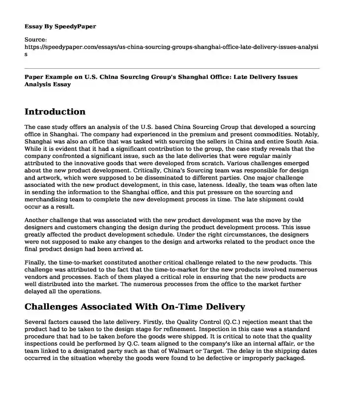 Paper Example on U.S. China Sourcing Group's Shanghai Office: Late Delivery Issues Analysis