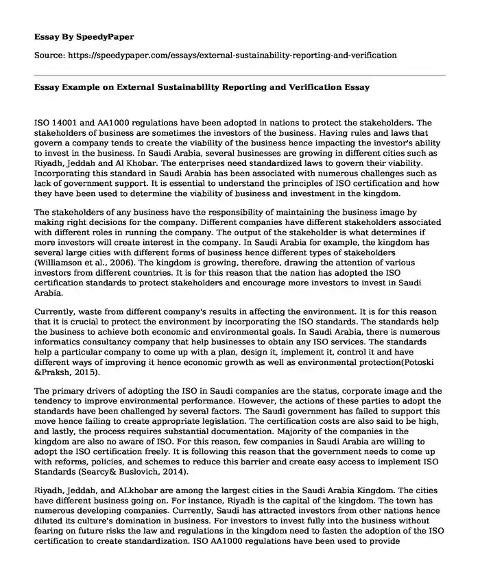 Essay Example on External Sustainability Reporting and Verification