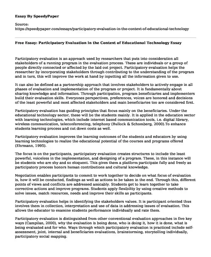 Free Essay: Participatory Evaluation in the Context of Educational Technology