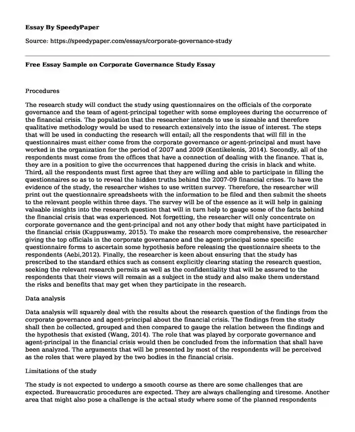 Free Essay Sample on Corporate Governance Study