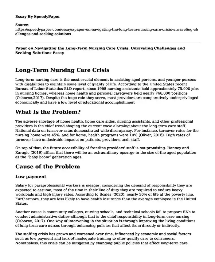 Paper on Navigating the Long-Term Nursing Care Crisis: Unraveling Challenges and Seeking Solutions