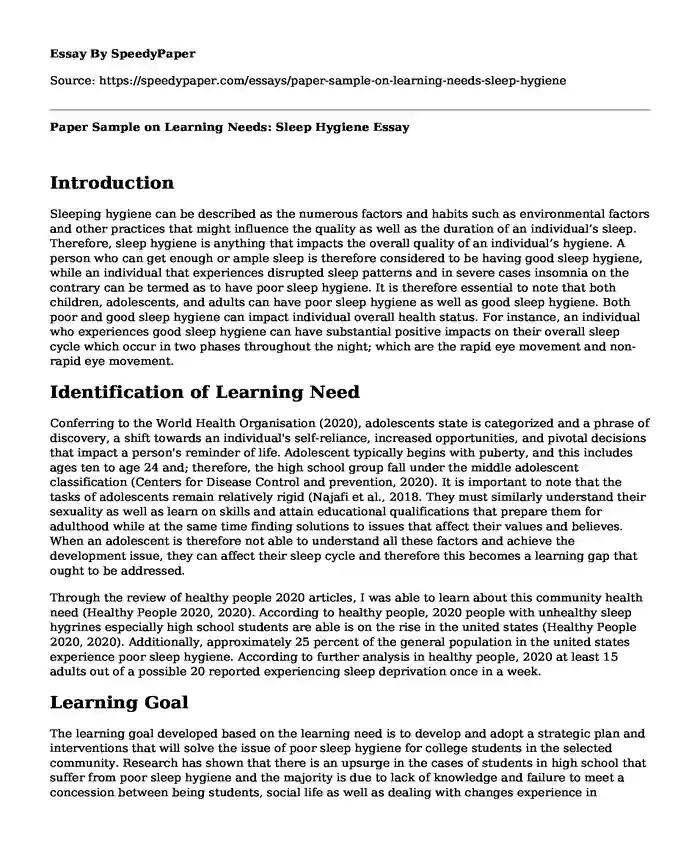 Paper Sample on Learning Needs: Sleep Hygiene