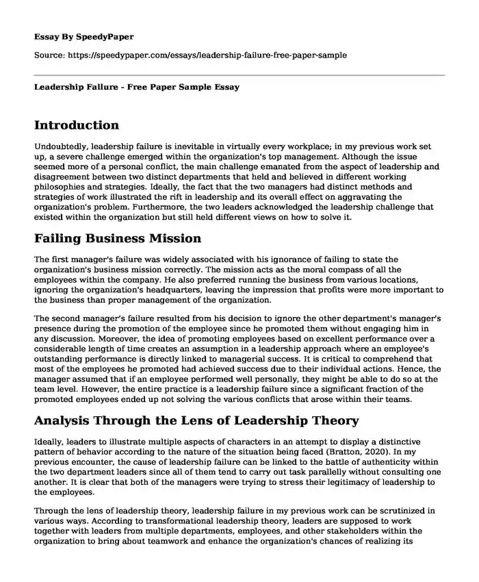 Leadership Failure - Free Paper Sample