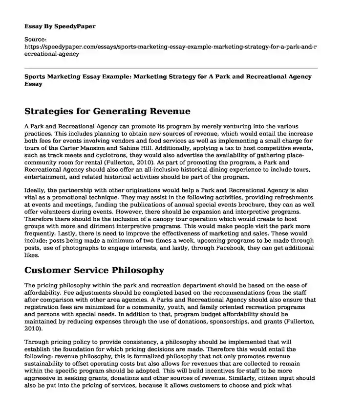 Sports Marketing Essay Example: Marketing Strategy for A Park and Recreational Agency