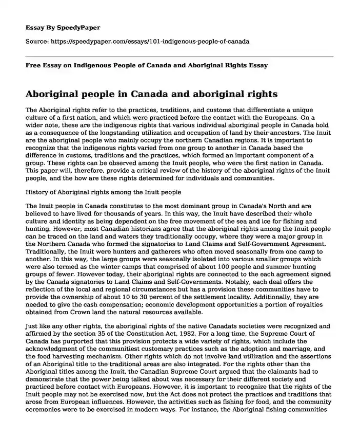 Free Essay on Indigenous People of Canada and Aboriginal Rights