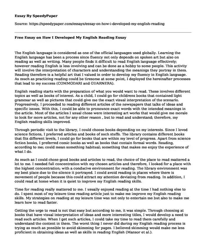 Free Essay on How I Developed My English Reading