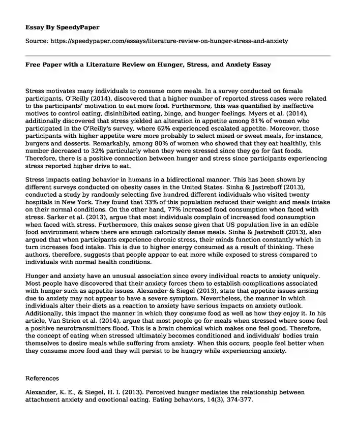 Free Paper with a Literature Review on Hunger, Stress, and Anxiety