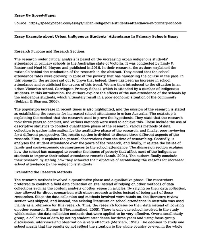 Essay Example about Urban Indigenous Students' Attendance in Primary Schools