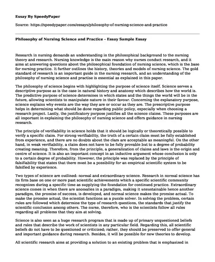 Philosophy of Nursing Science and Practice - Essay Sample