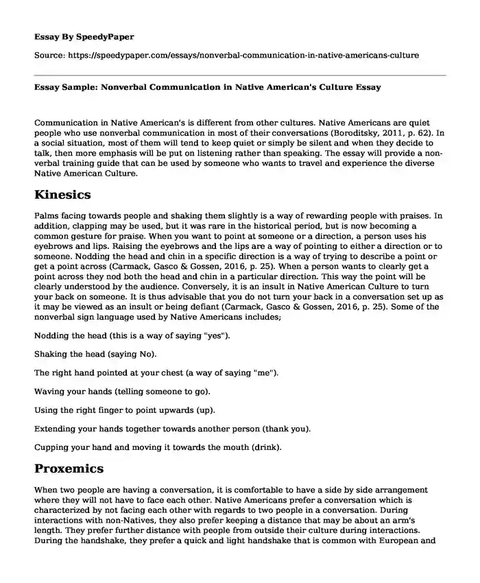 Essay Sample: Nonverbal Communication in Native American's Culture