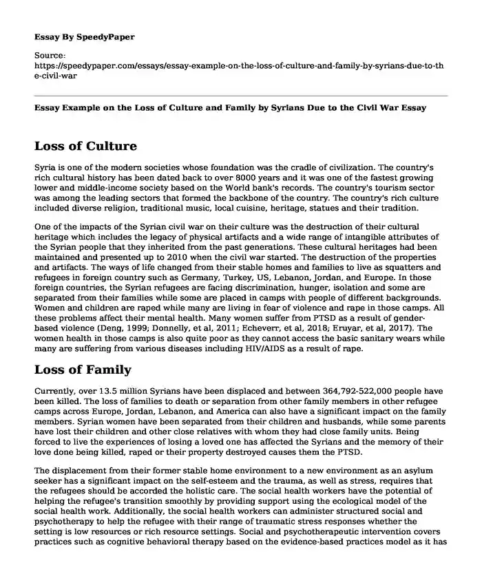 Essay Example on the Loss of Culture and Family by Syrians Due to the Civil War