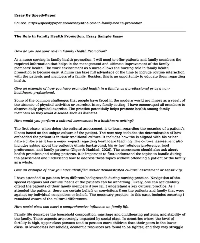 The Role in Family Health Promotion. Essay Sample