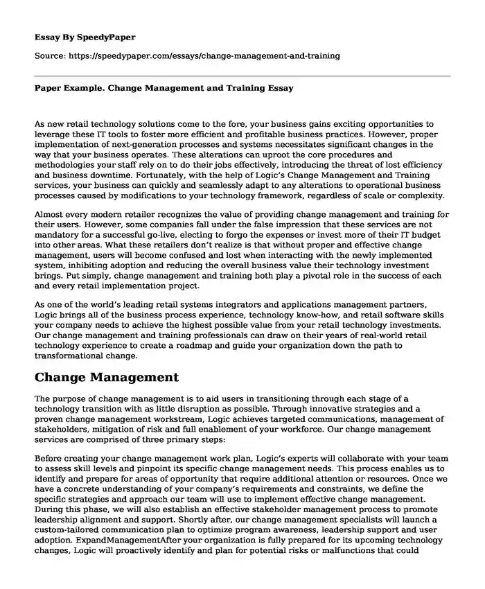 Paper Example. Change Management and Training