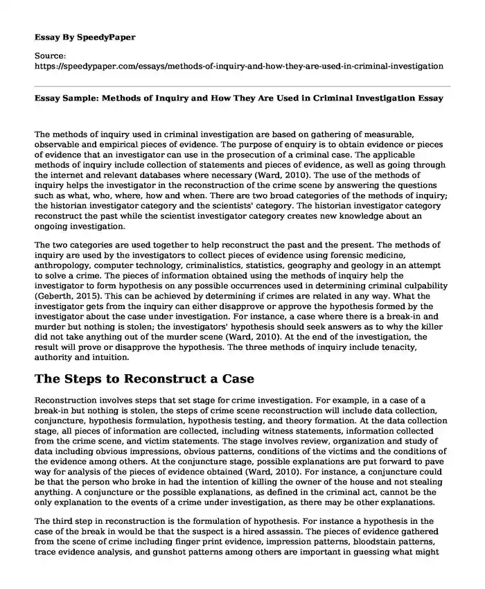 Essay Sample: Methods of Inquiry and How They Are Used in Criminal Investigation