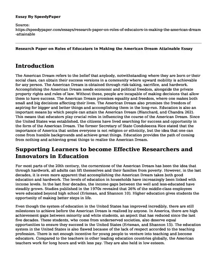 Research Paper on Roles of Educators in Making the American Dream Attainable