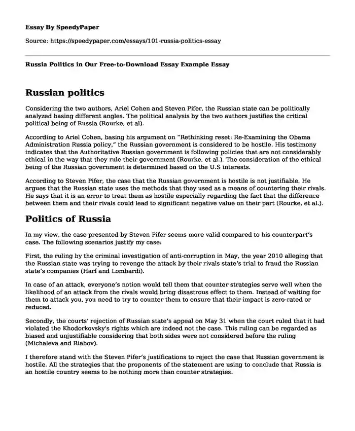 Russia Politics in Our Free-to-Download Essay Example