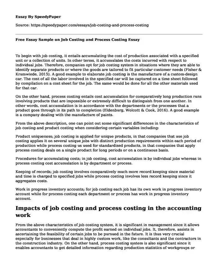 Free Essay Sample on Job Costing and Process Costing