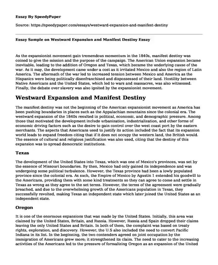 Essay Sample on Westward Expansion and Manifest Destiny