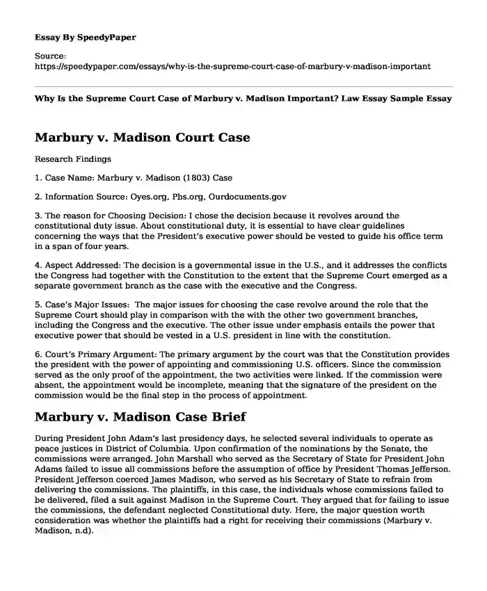 Why Is the Supreme Court Case of Marbury v. Madison Important? Law Essay Sample