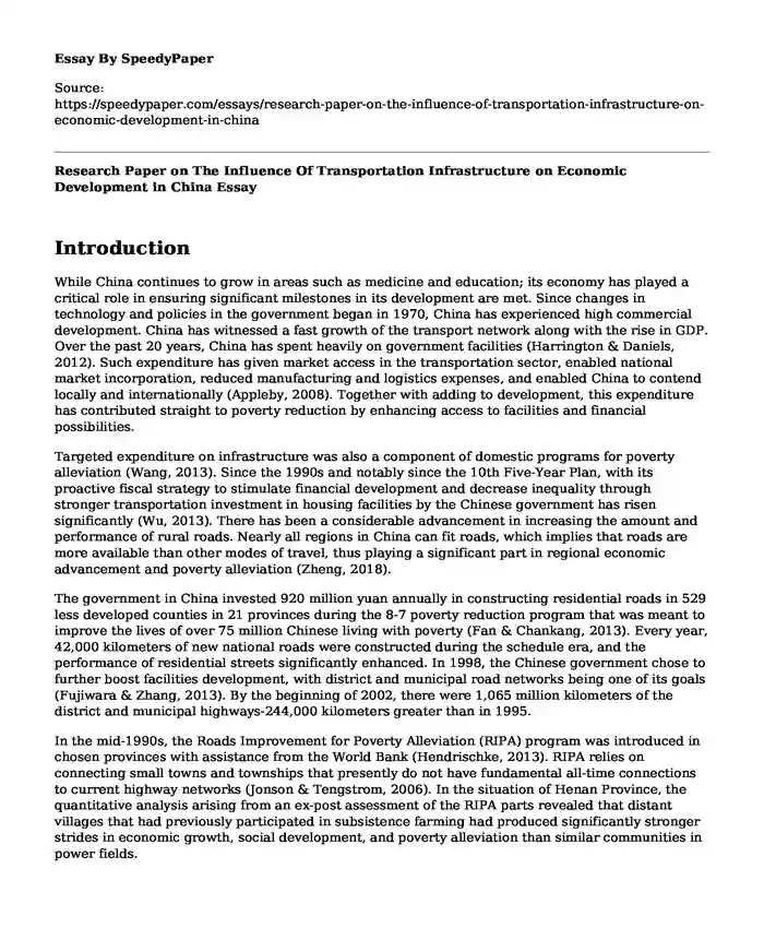 Research Paper on The Influence Of Transportation Infrastructure on Economic Development in China