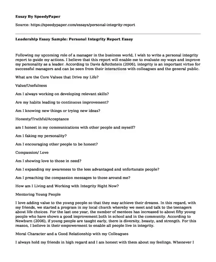 Leadership Essay Sample: Personal Integrity Report