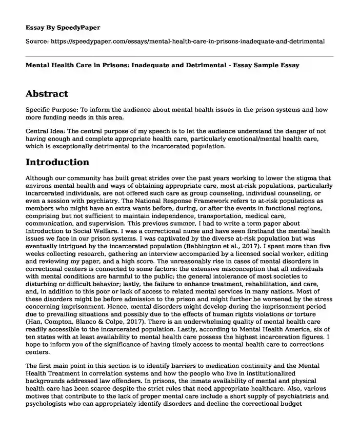 Mental Health Care in Prisons: Inadequate and Detrimental - Essay Sample
