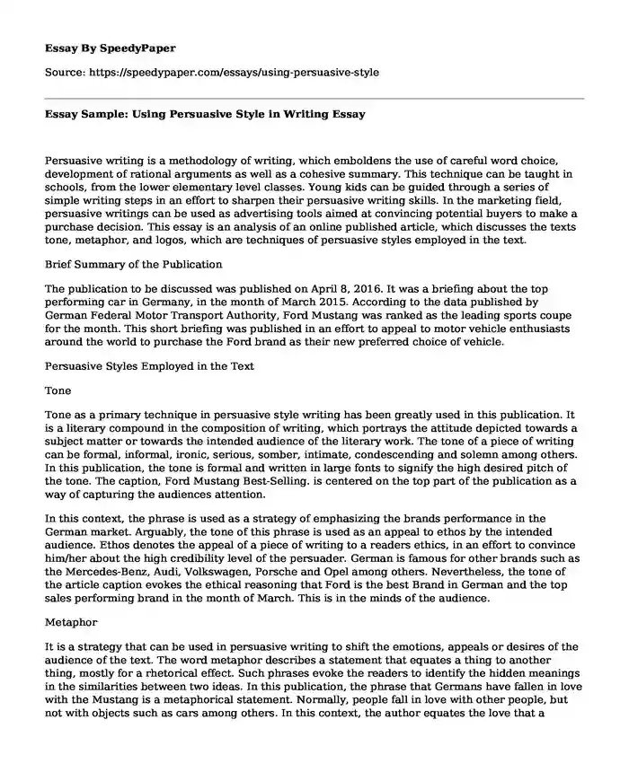Essay Sample: Using Persuasive Style in Writing