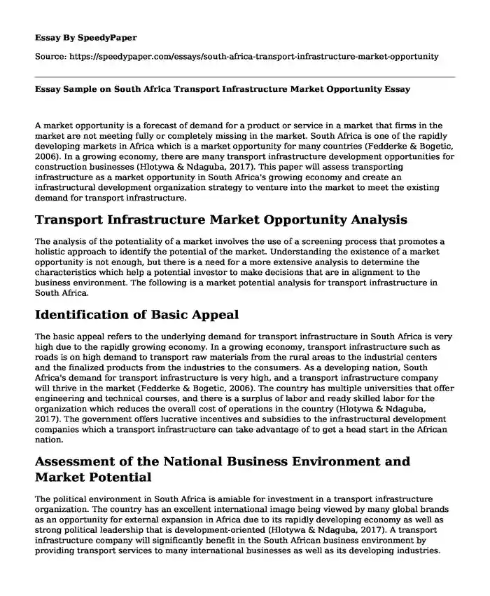 Essay Sample on South Africa Transport Infrastructure Market Opportunity