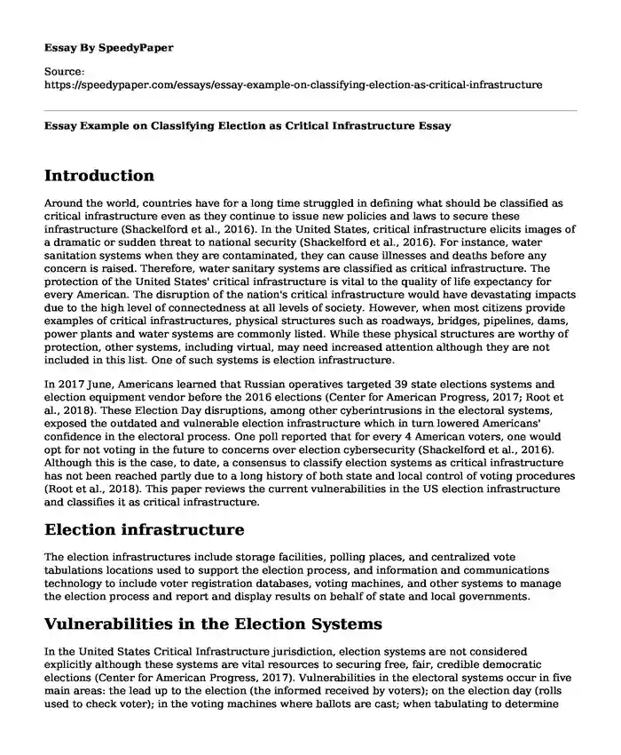 Essay Example on Classifying Election as Critical Infrastructure