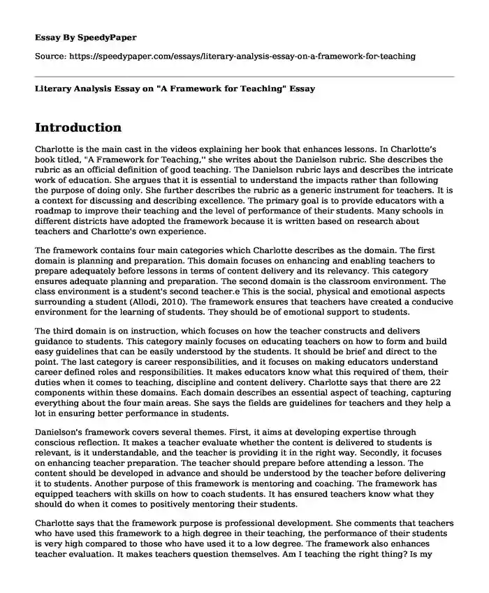 Literary Analysis Essay on "A Framework for Teaching"