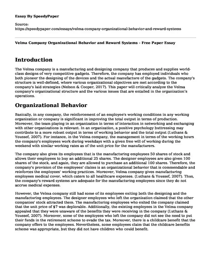 Velma Company Organizational Behavior and Reward Systems - Free Paper