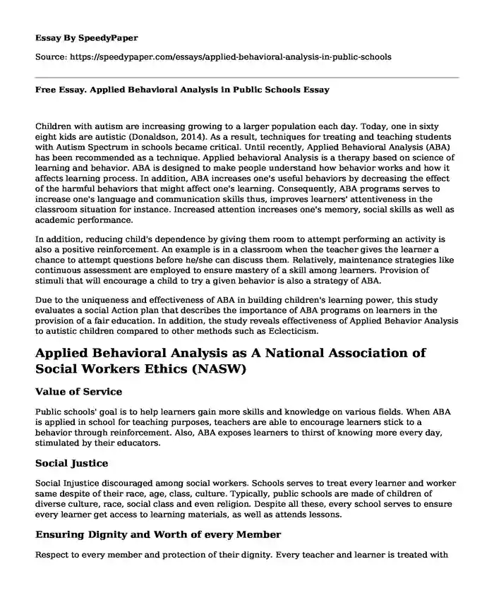 Free Essay. Applied Behavioral Analysis in Public Schools