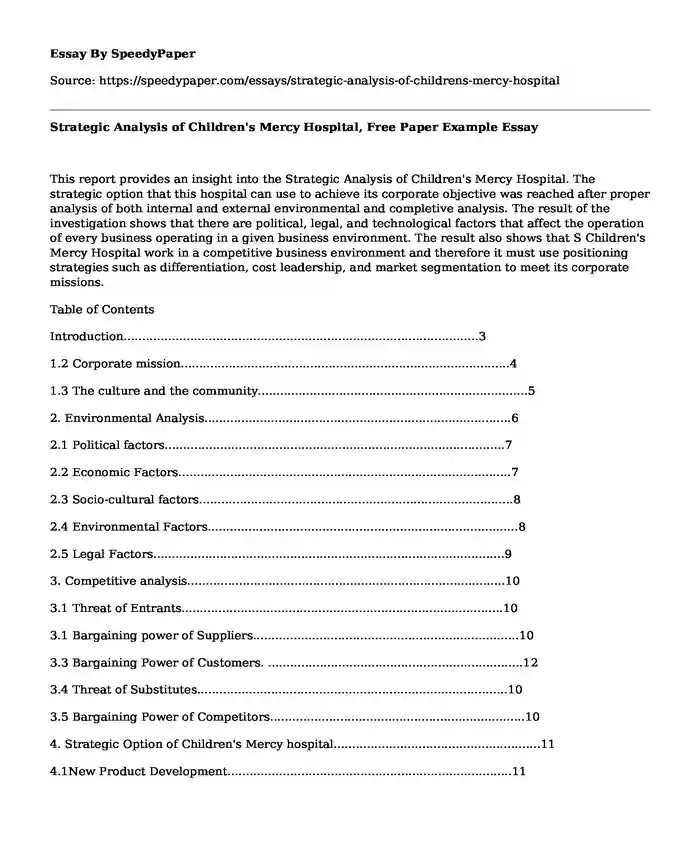 Strategic Analysis of Children's Mercy Hospital, Free Paper Example