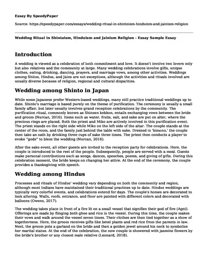 Wedding Ritual in Shintoism, Hinduism and Jainism Religion - Essay Sample