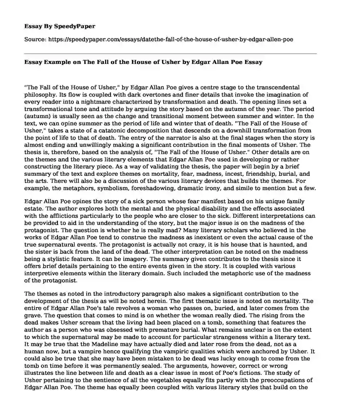 Essay Example on The Fall of the House of Usher by Edgar Allan Poe