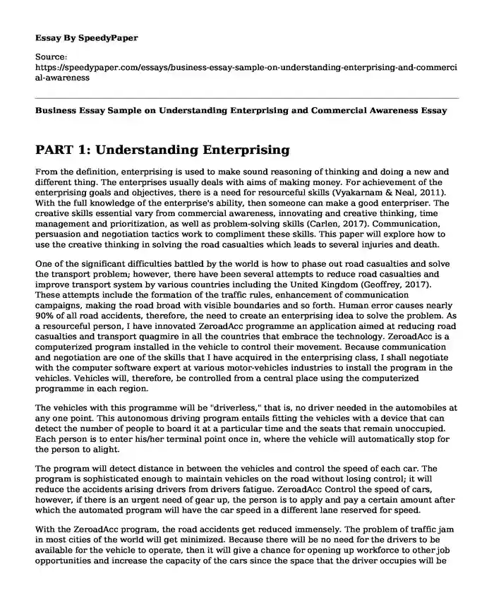 Business Essay Sample on Understanding Enterprising and Commercial Awareness