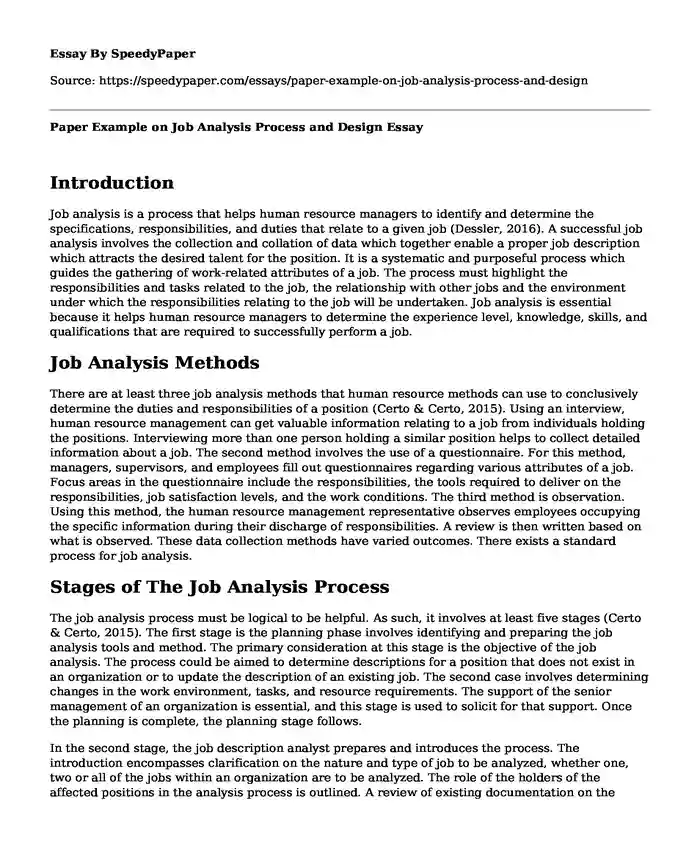 Paper Example on Job Analysis Process and Design