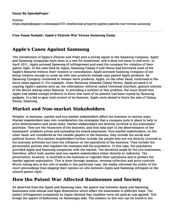Free Essay Sample: Apple's Patents War Versus Samsung